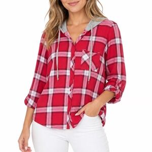 No Comment Plus Womens Red Plaid Hooded Button Down Shirt 1X